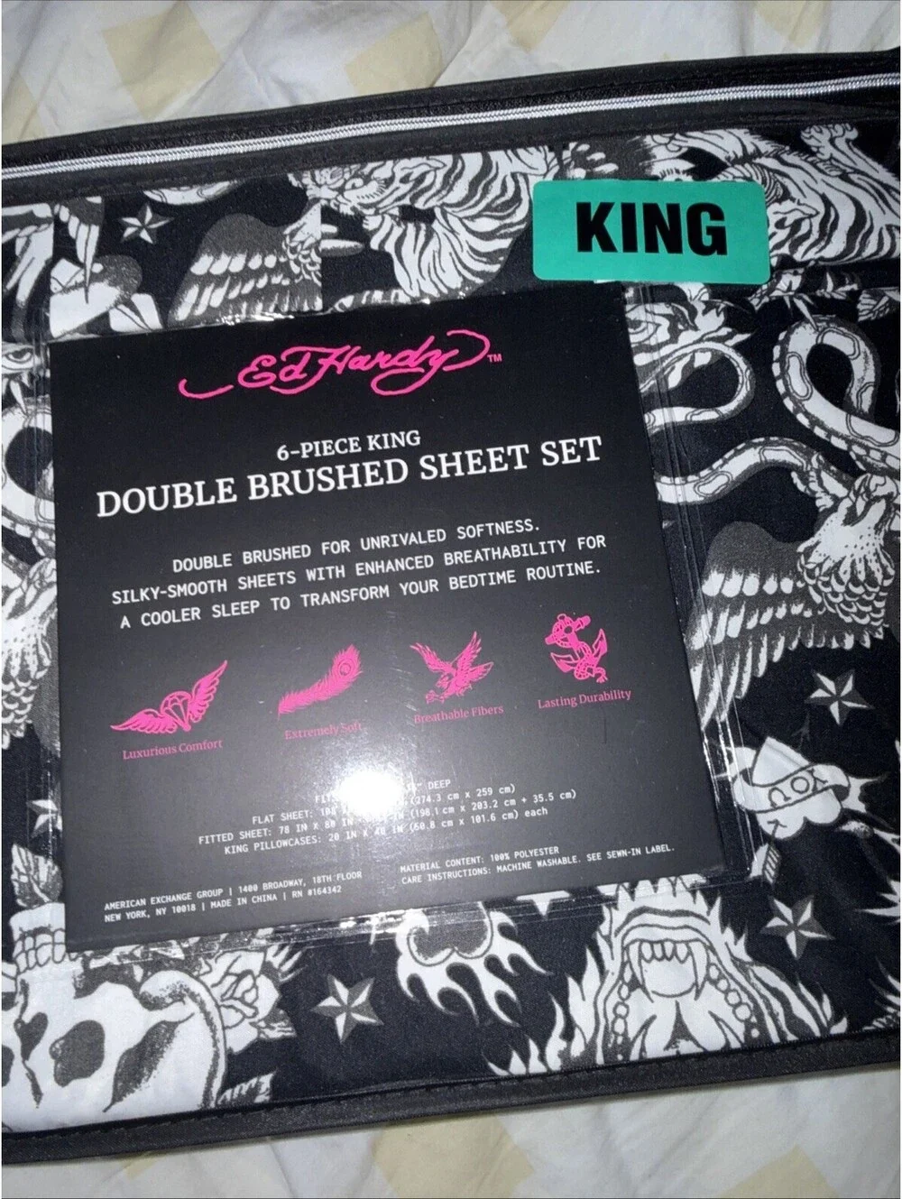 Ed Hardy New King 6 Pc Sheet Set Halloween Skulls Snakes Black White